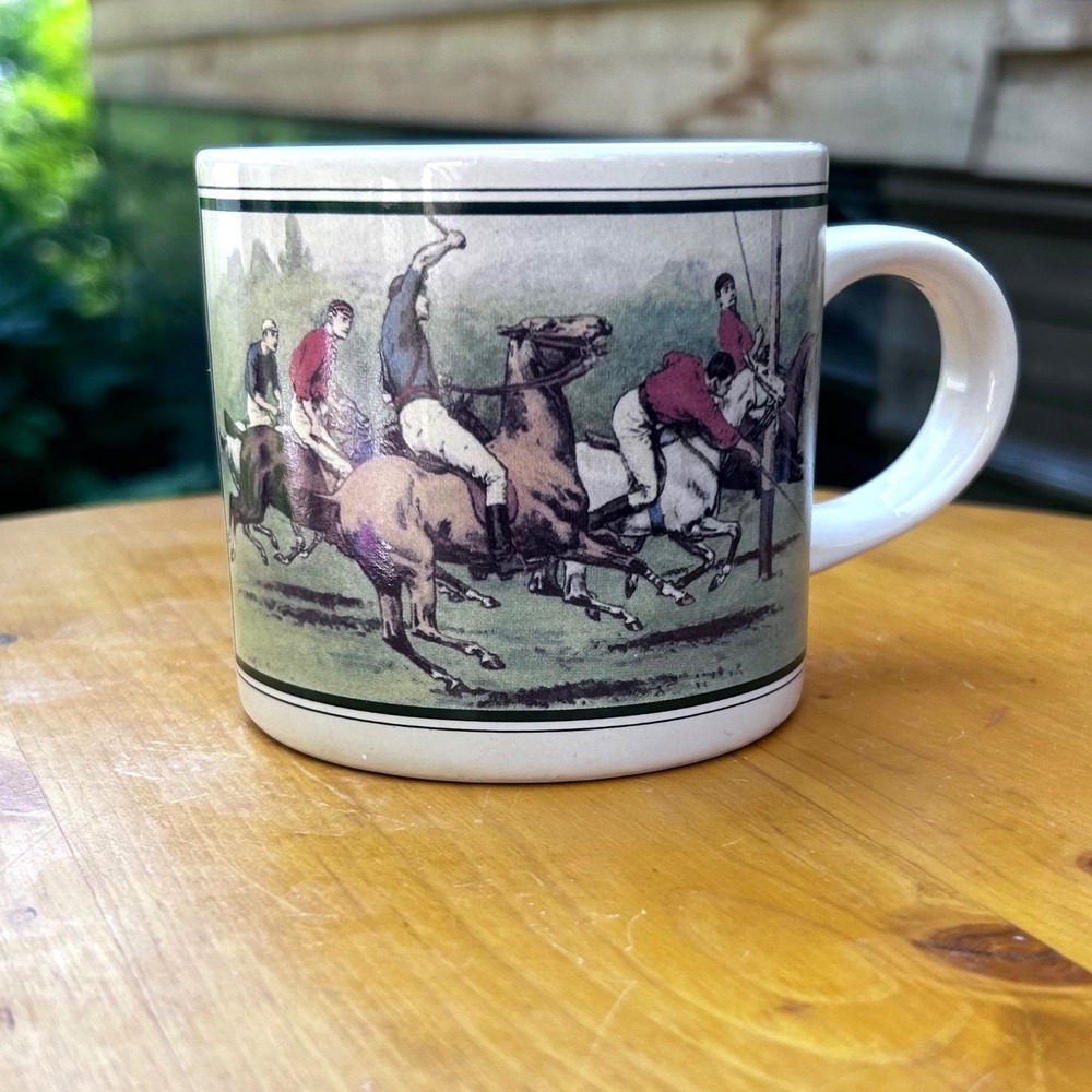 Vintage Equestrian Polo Mug Coffee Cup Ceramic Horse Race Steeplechase Korea 70s
